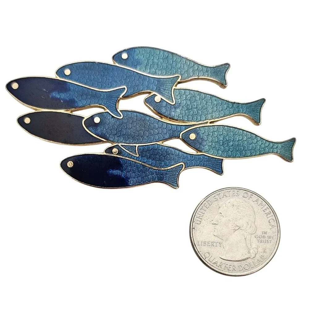 Fish Enterprise Blue Teal Champleve School Of Fish Brooch Pin Signed, J47 - Picture 5 of 6